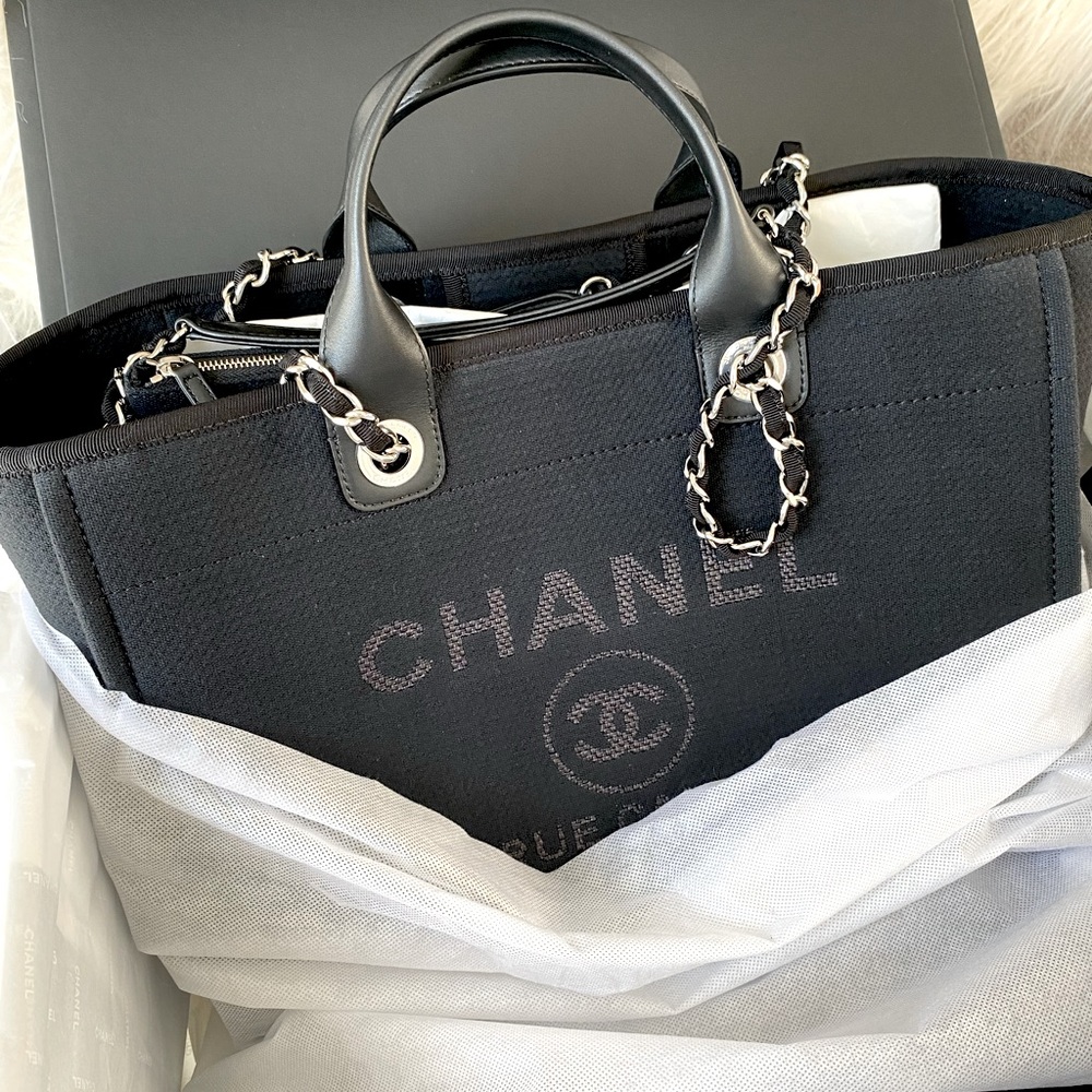 FULL SET - CHANEL Deauville Large Shopping Bag (Black Canvas w/ Silver Hardware) - Picture 14 of 17